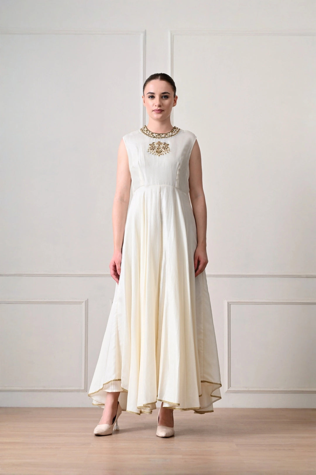 Ivory Gold Appliqué Anarkali Set with Net Dupatta