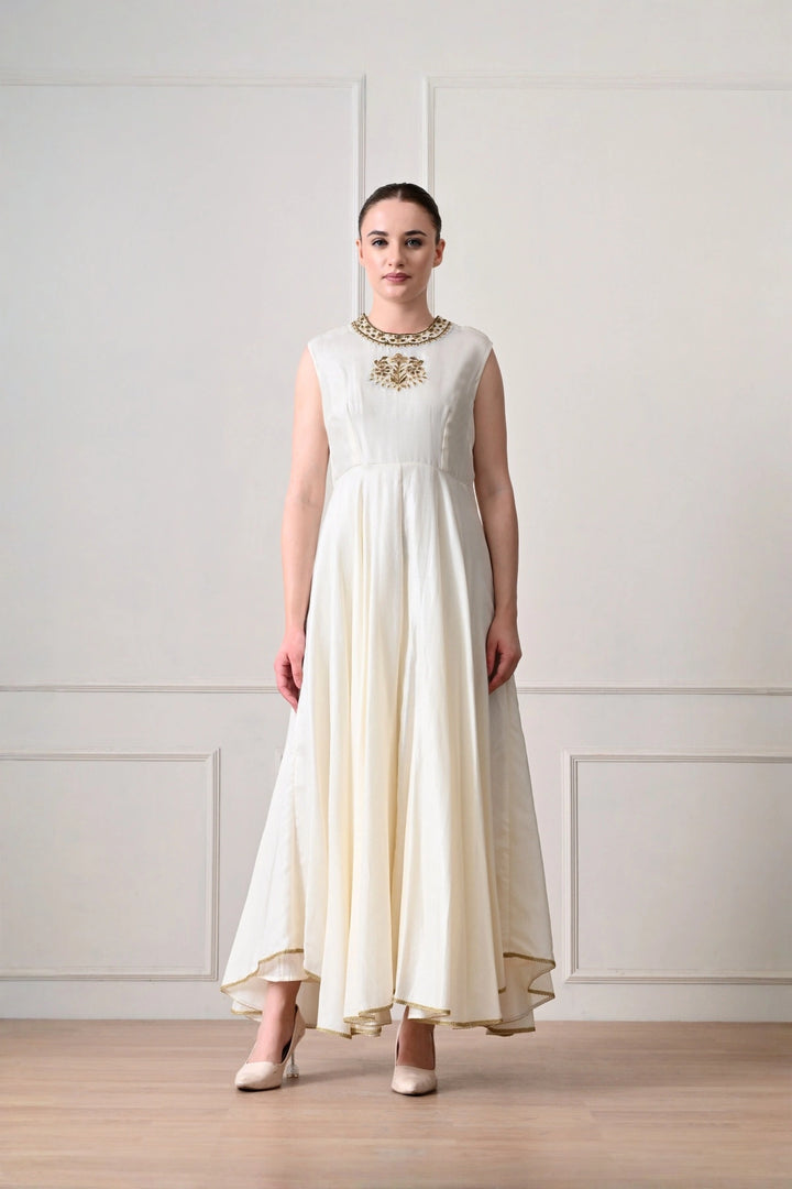 Ivory Gold Appliqué Anarkali Set with Net Dupatta