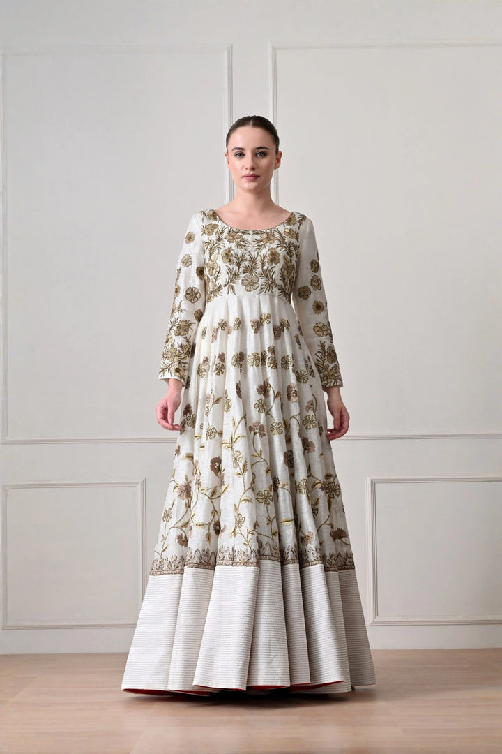 Ivory Floral Zari Anarkali Gown with Pin-Tucked Hem