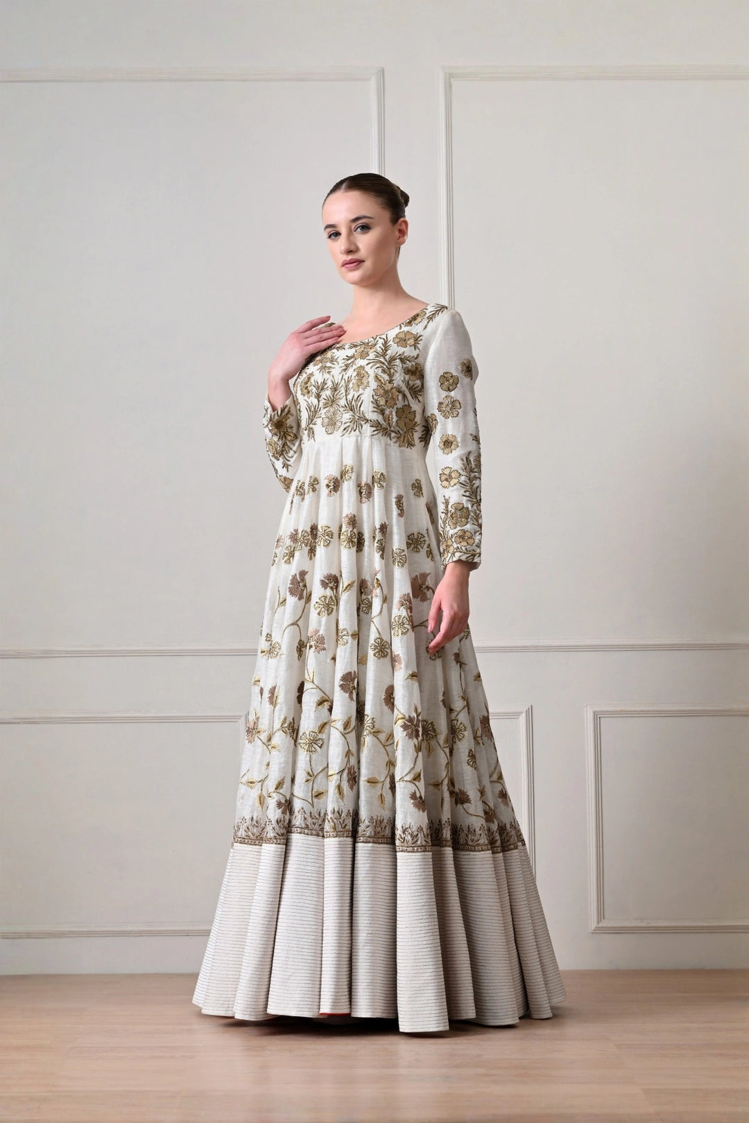 Ivory Floral Zari Anarkali Gown with Pin-Tucked Hem