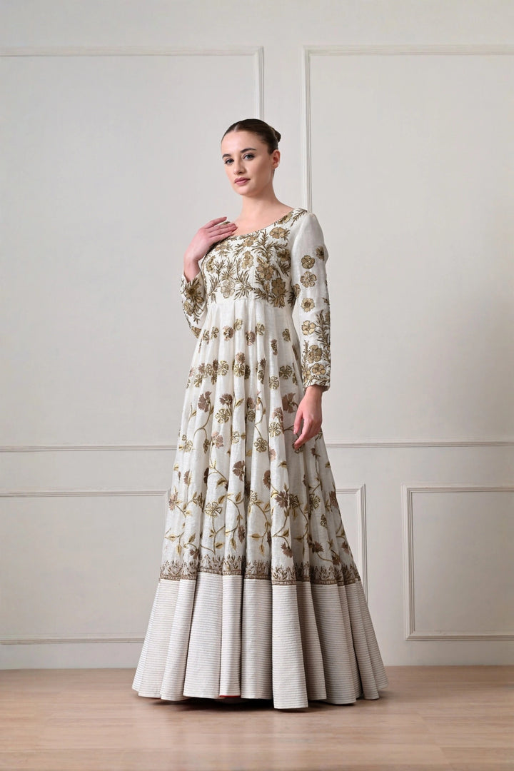 Ivory Floral Zari Anarkali Gown with Pin-Tucked Hem