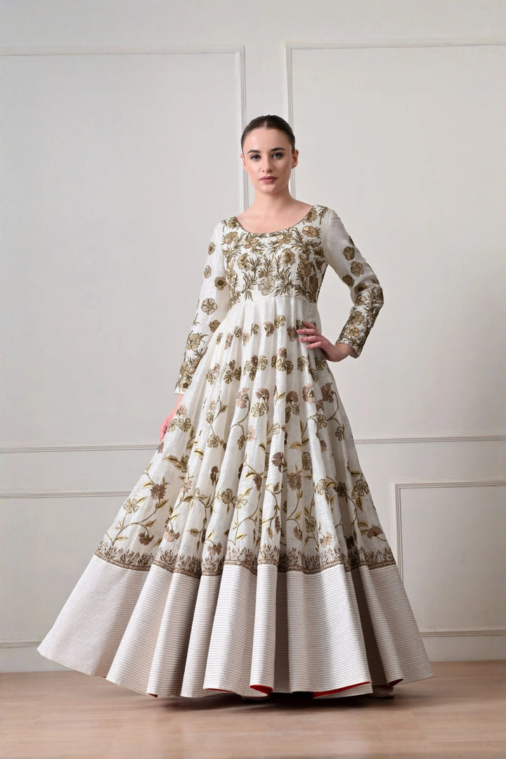 Ivory Floral Zari Anarkali Gown with Pin-Tucked Hem