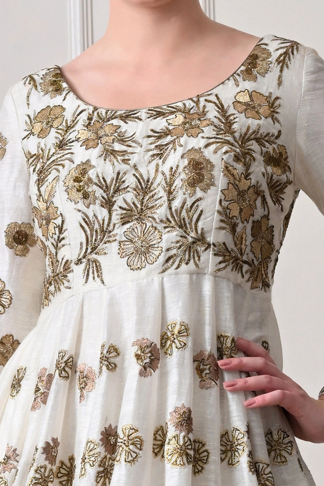 Ivory Floral Zari Anarkali Gown with Pin-Tucked Hem