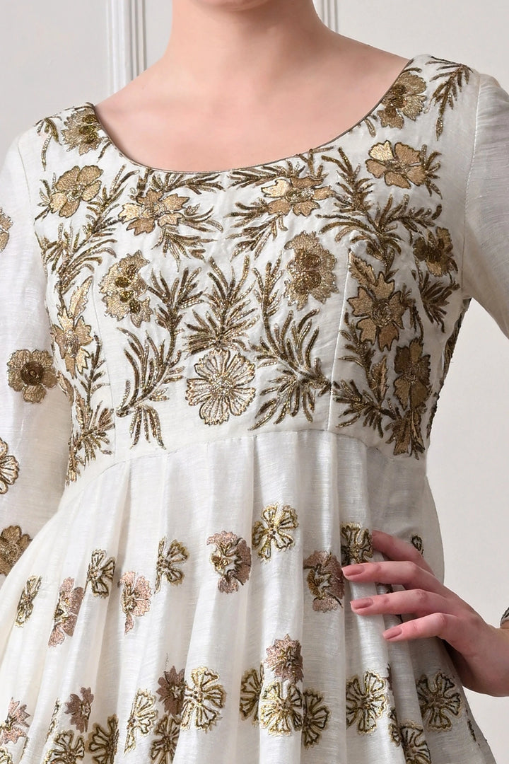 Ivory Floral Zari Anarkali Gown with Pin-Tucked Hem