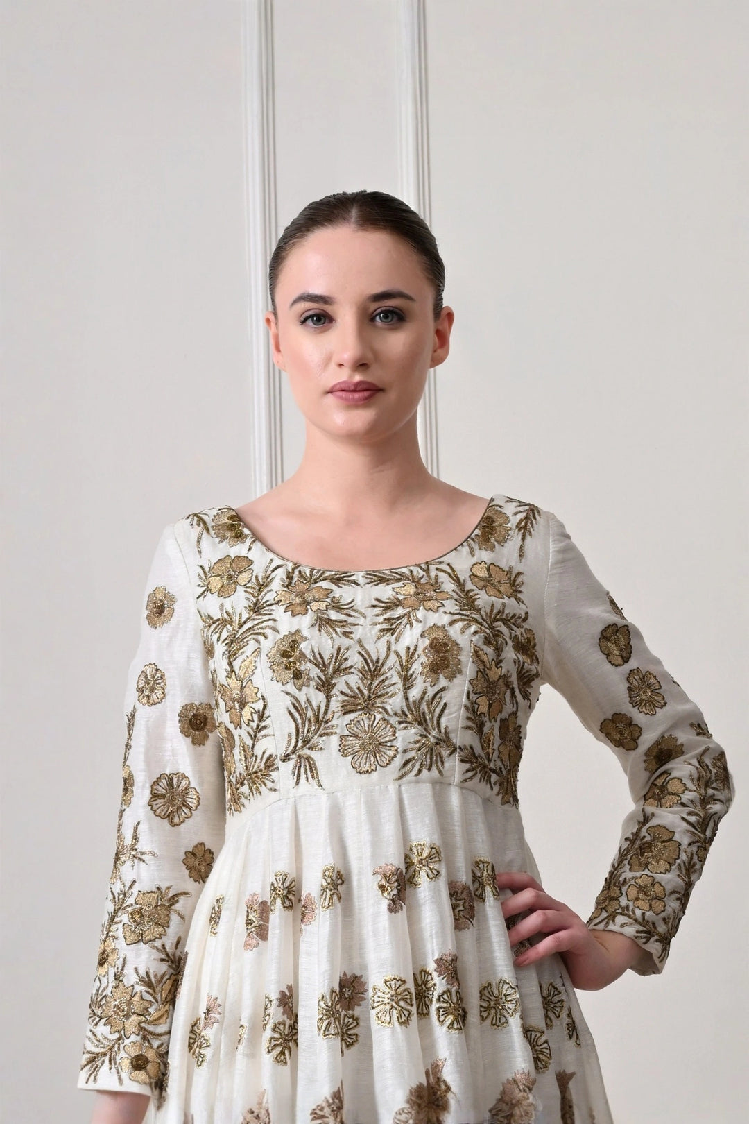 Ivory Floral Zari Anarkali Gown with Pin-Tucked Hem