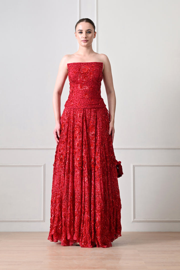 Radiant Red Embroidered Crop Top &amp; Lehenga Set