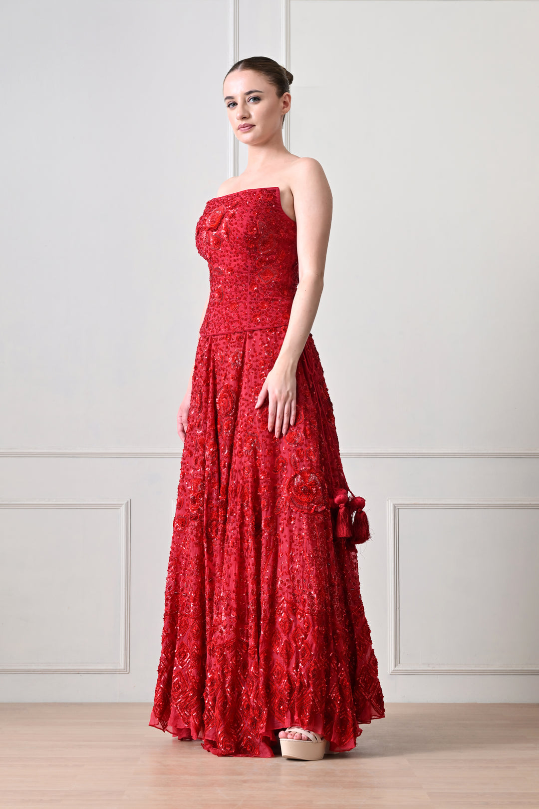 Radiant Red Embroidered Crop Top &amp; Lehenga Set