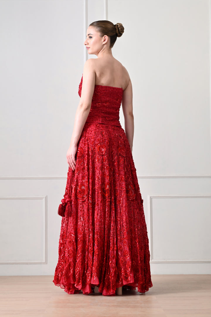 Radiant Red Embroidered Crop Top &amp; Lehenga Set