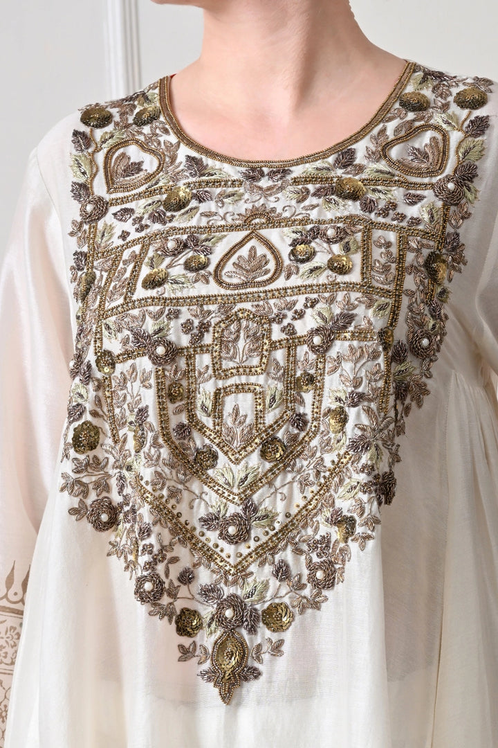 Ivory Zardozi Yoke Kurta Set with Lattice Border