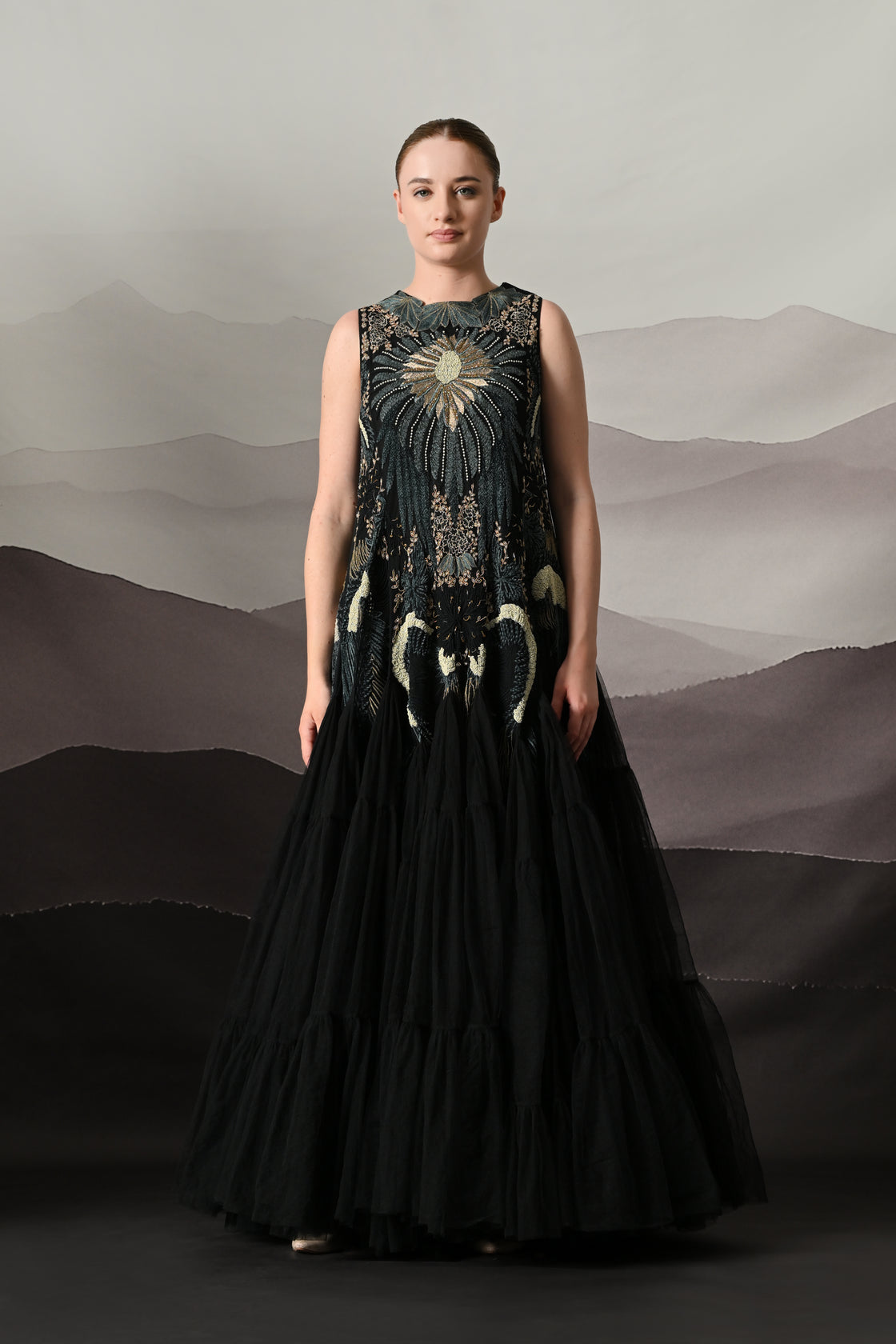 Black Gown with Radiating Hand Embroidery and Soft Tiered Movement