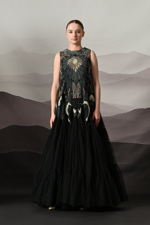 Black Gown with Radiating Hand Embroidery and Soft Tiered Movement