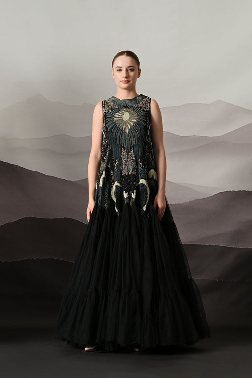 Black Gown With Radiating Hand Embroidery And Soft Tiered Movement