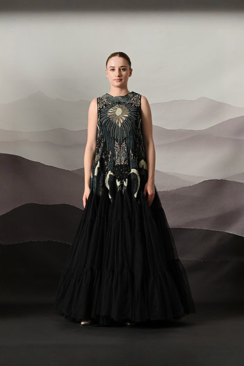 Black Gown With Radiating Hand Embroidery And Soft Tiered Movement