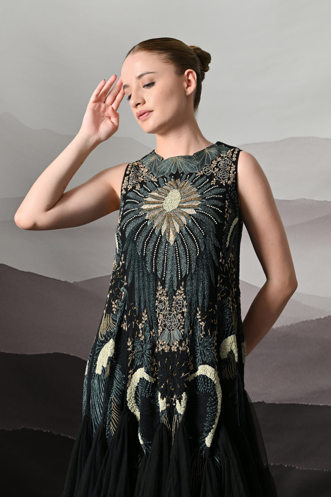 Black Gown with Radiating Hand Embroidery and Soft Tiered Movement
