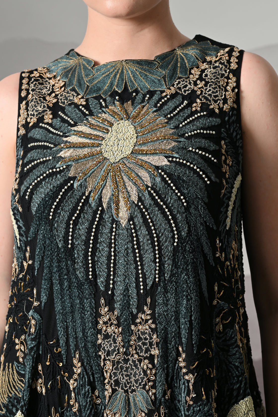 Black Gown with Radiating Hand Embroidery and Soft Tiered Movement