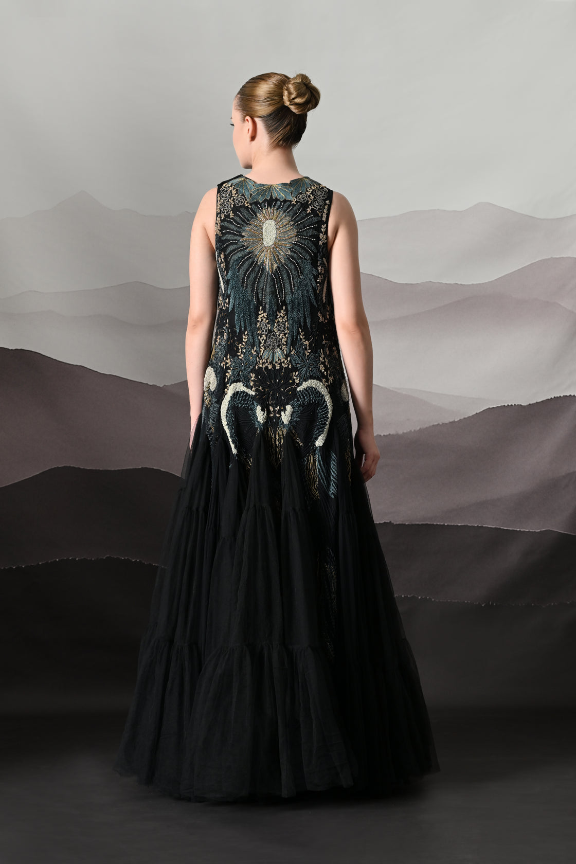 Black Gown with Radiating Hand Embroidery and Soft Tiered Movement