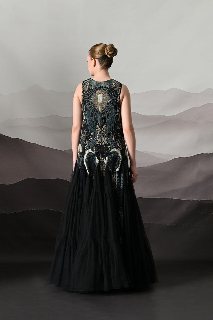 Black Gown With Radiating Hand Embroidery And Soft Tiered Movement