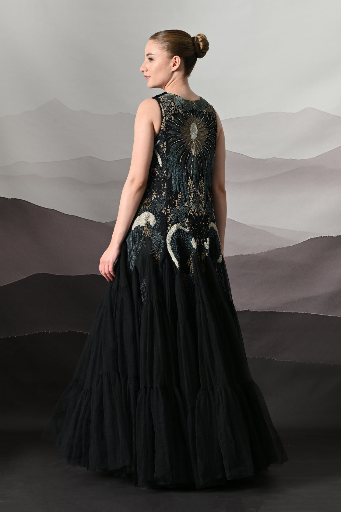 Black Gown with Radiating Hand Embroidery and Soft Tiered Movement