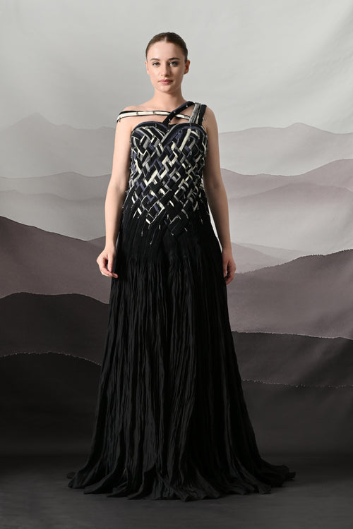 Black Gown with Hand-Woven Bodice and Asymmetric Strap Detail