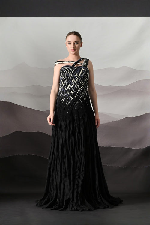 Black Gown With Hand-Woven Bodice And Asymmetric Strap Detail