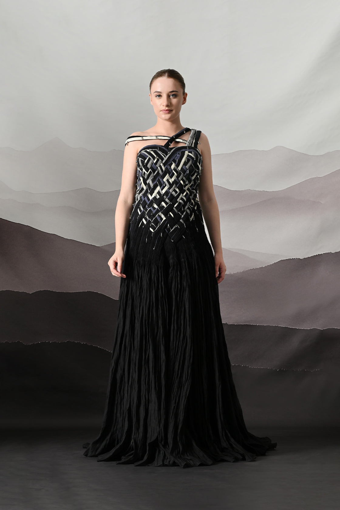 Black Gown With Hand-Woven Bodice And Asymmetric Strap Detail