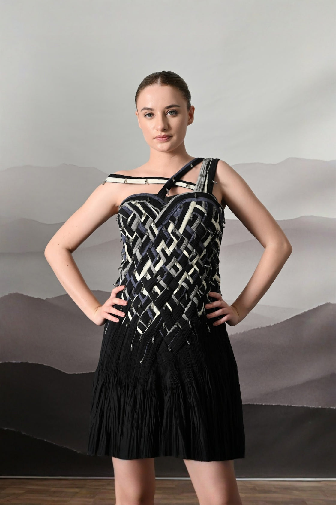 Black Gown With Hand-Woven Bodice And Asymmetric Strap Detail
