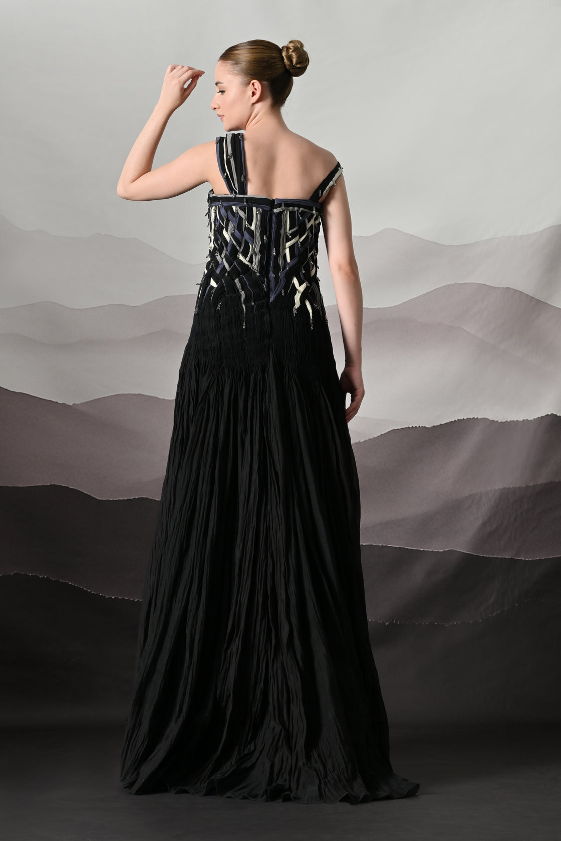 Black Gown with Hand-Woven Bodice and Asymmetric Strap Detail