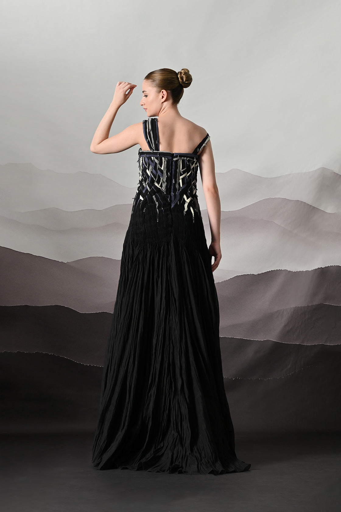 Black Gown With Hand-Woven Bodice And Asymmetric Strap Detail