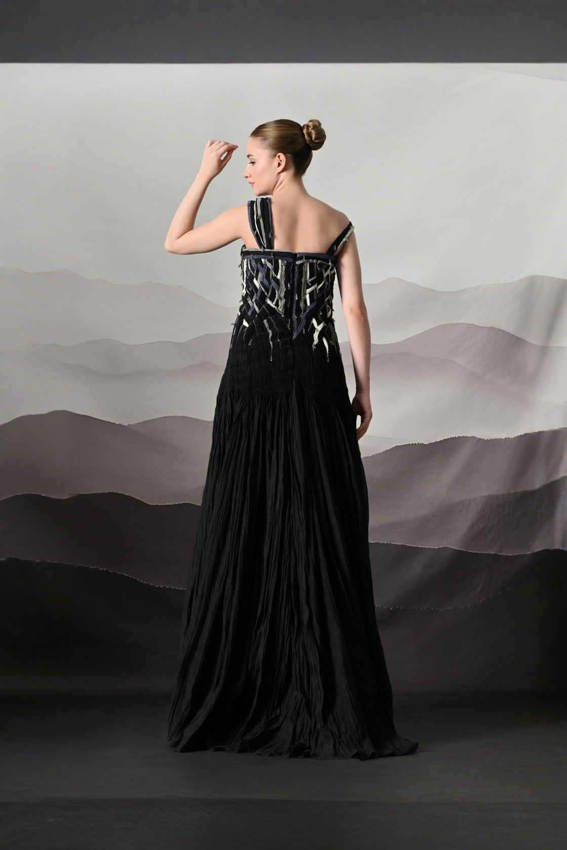 Black Gown With Hand-Woven Bodice And Asymmetric Strap Detail
