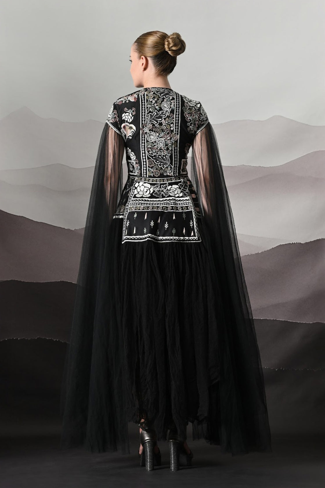 Black Gown With Contrasting Handwork And Architectural Bodice