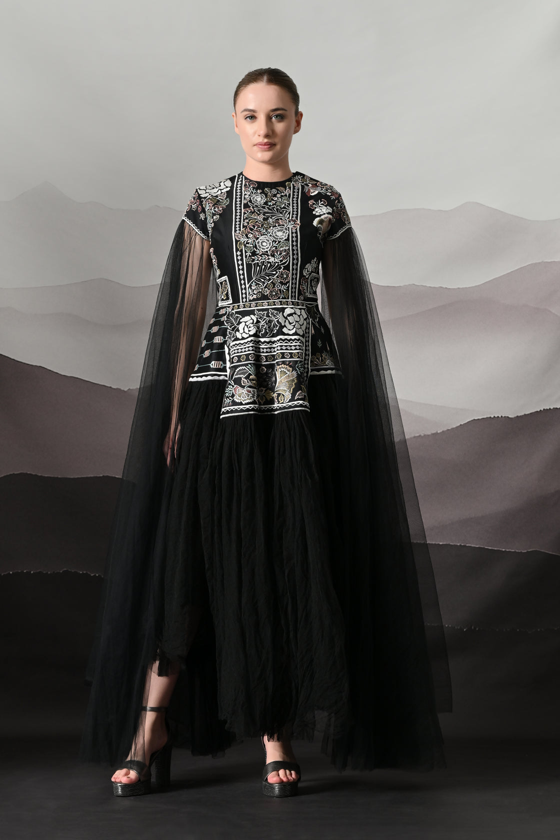 Black Gown with Contrasting Handwork and Architectural Bodice