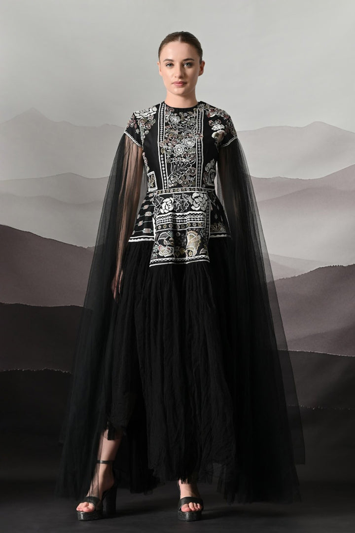 Black Gown With Contrasting Handwork And Architectural Bodice