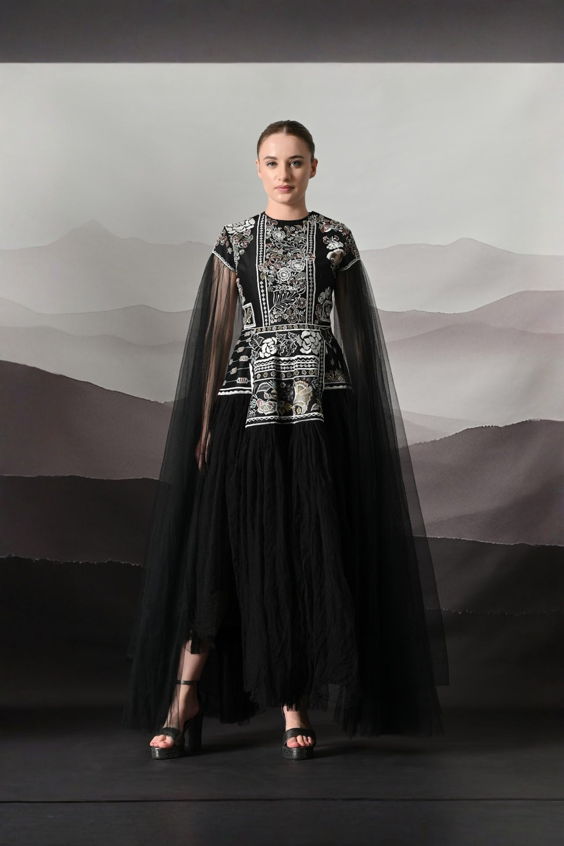 Black Gown With Contrasting Handwork And Architectural Bodice