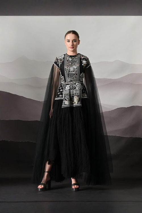 Black Gown With Contrasting Handwork And Architectural Bodice
