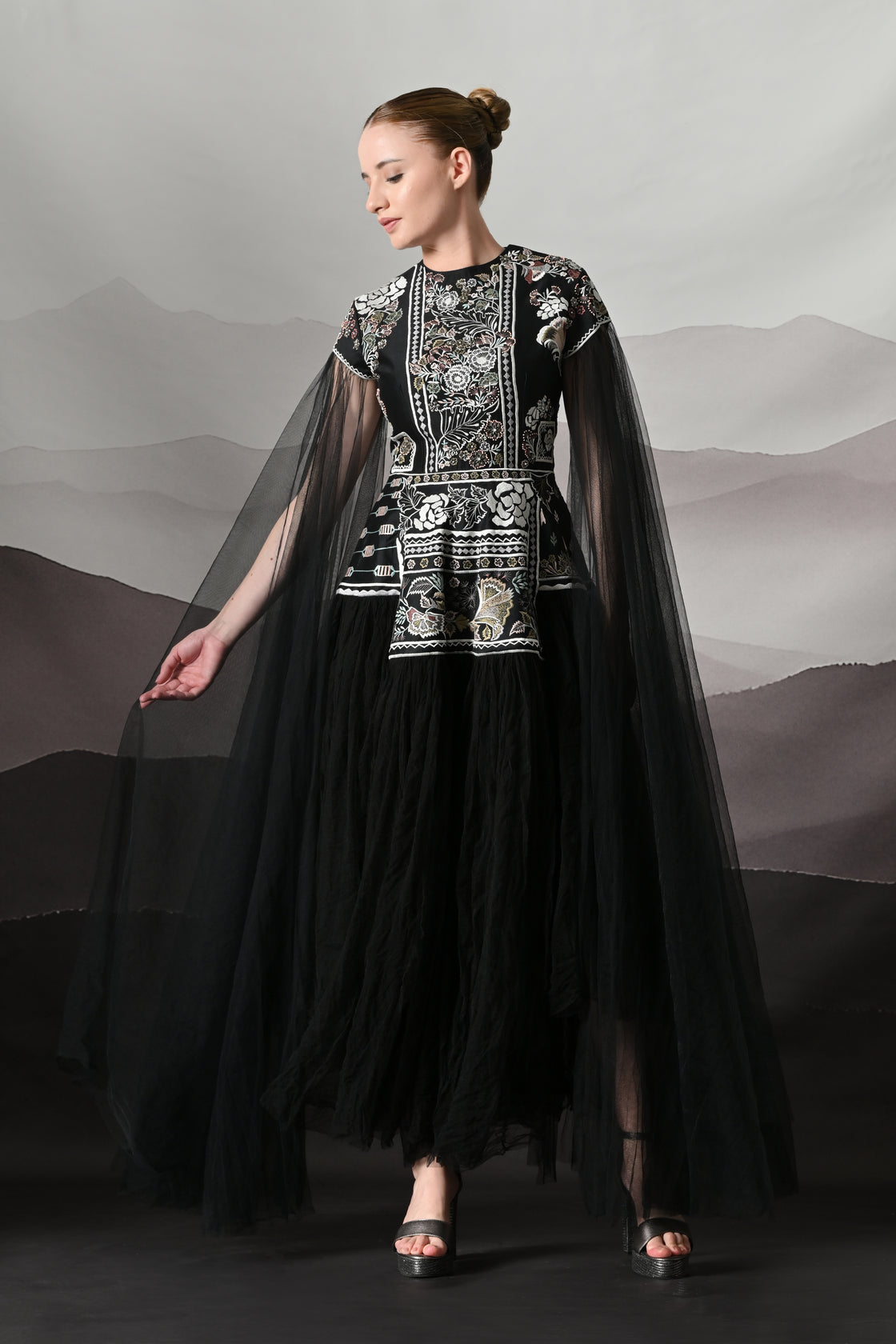Black Gown with Contrasting Handwork and Architectural Bodice