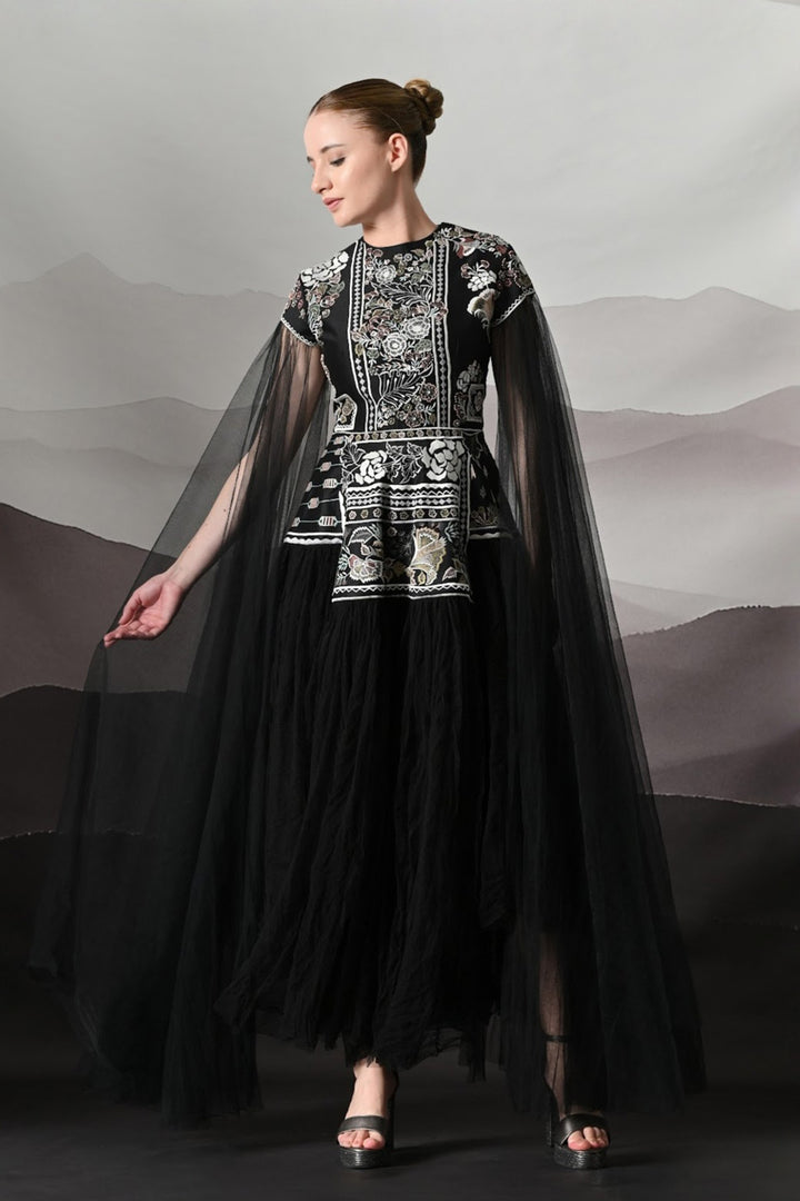 Black Gown With Contrasting Handwork And Architectural Bodice