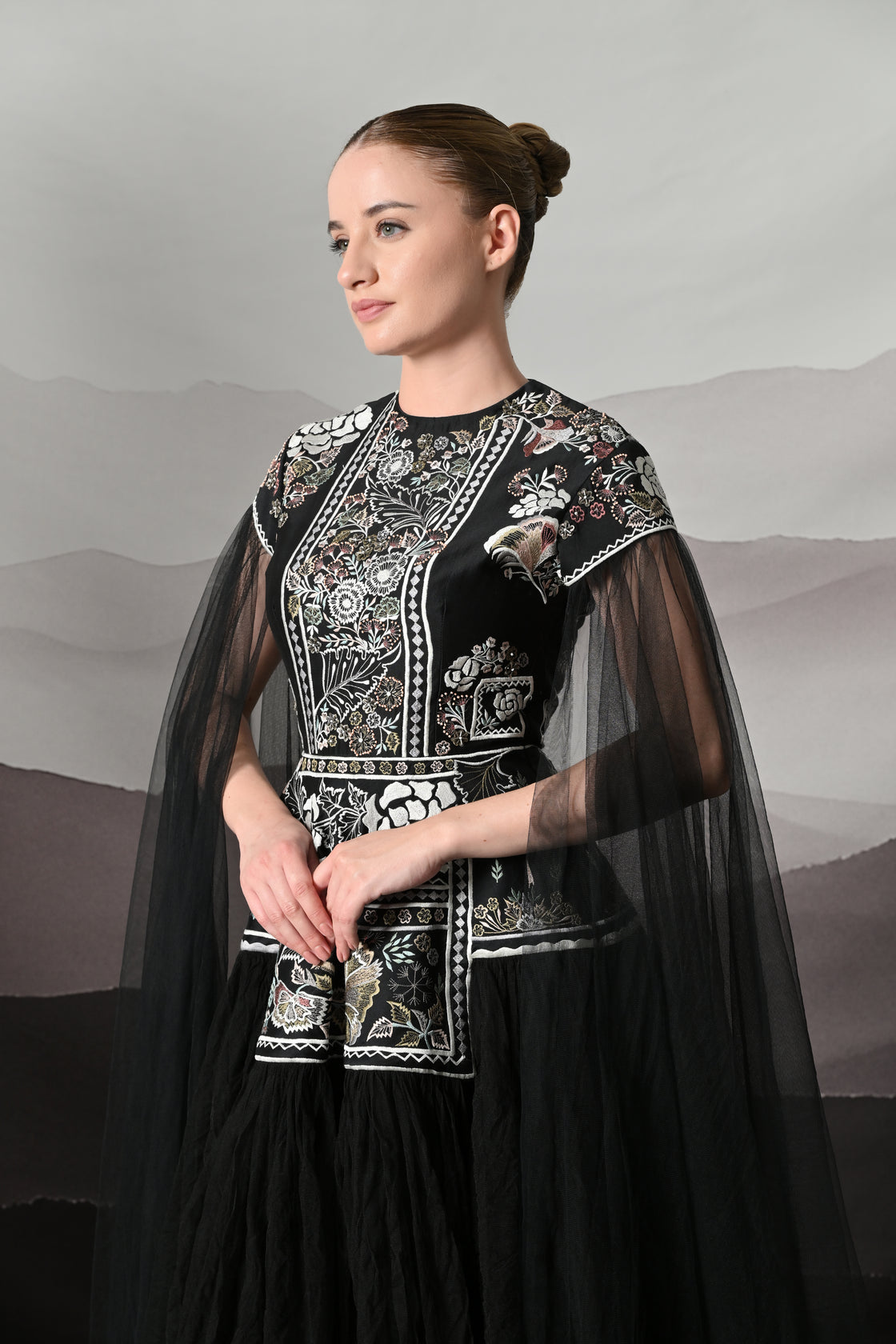 Black Gown with Contrasting Handwork and Architectural Bodice
