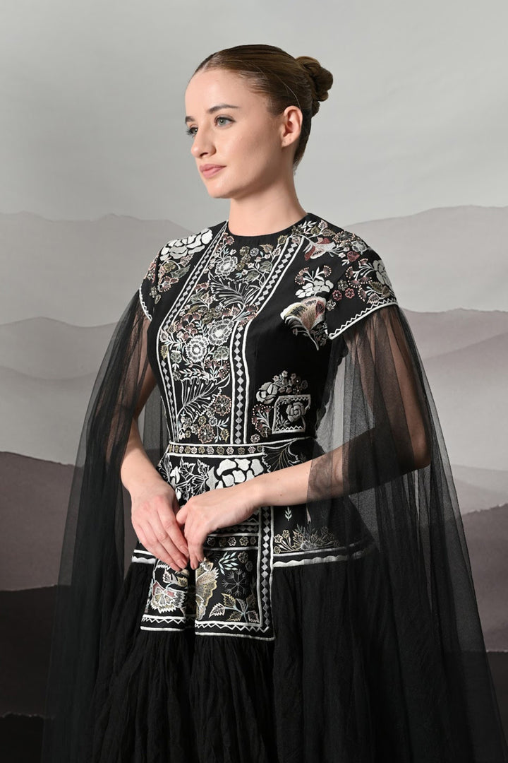Black Gown With Contrasting Handwork And Architectural Bodice