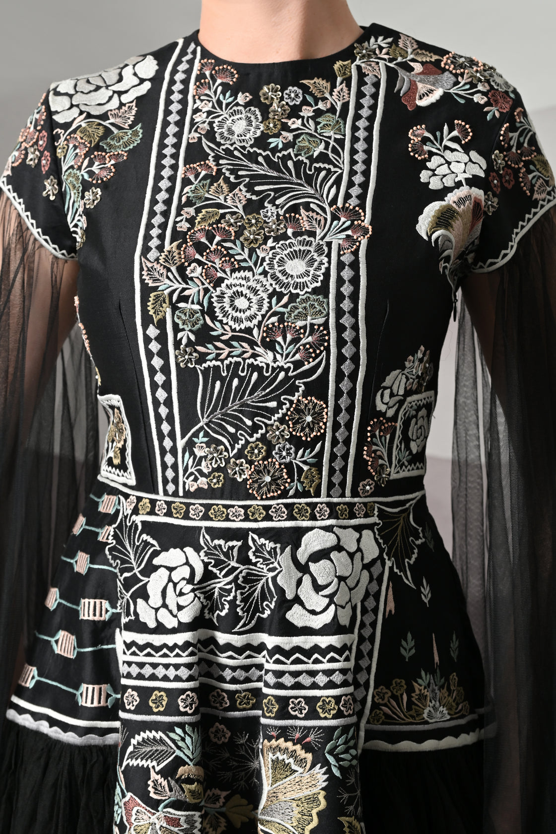 Black Gown with Contrasting Handwork and Architectural Bodice