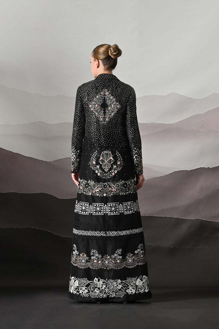 Black Jacket Defined By Precision Handwork And Vertical Continuity