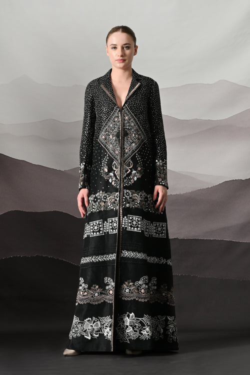 Black Kaftan Defined by Precision Handwork and Vertical Continuity