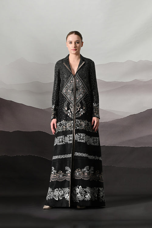 Black Jacket Defined By Precision Handwork And Vertical Continuity
