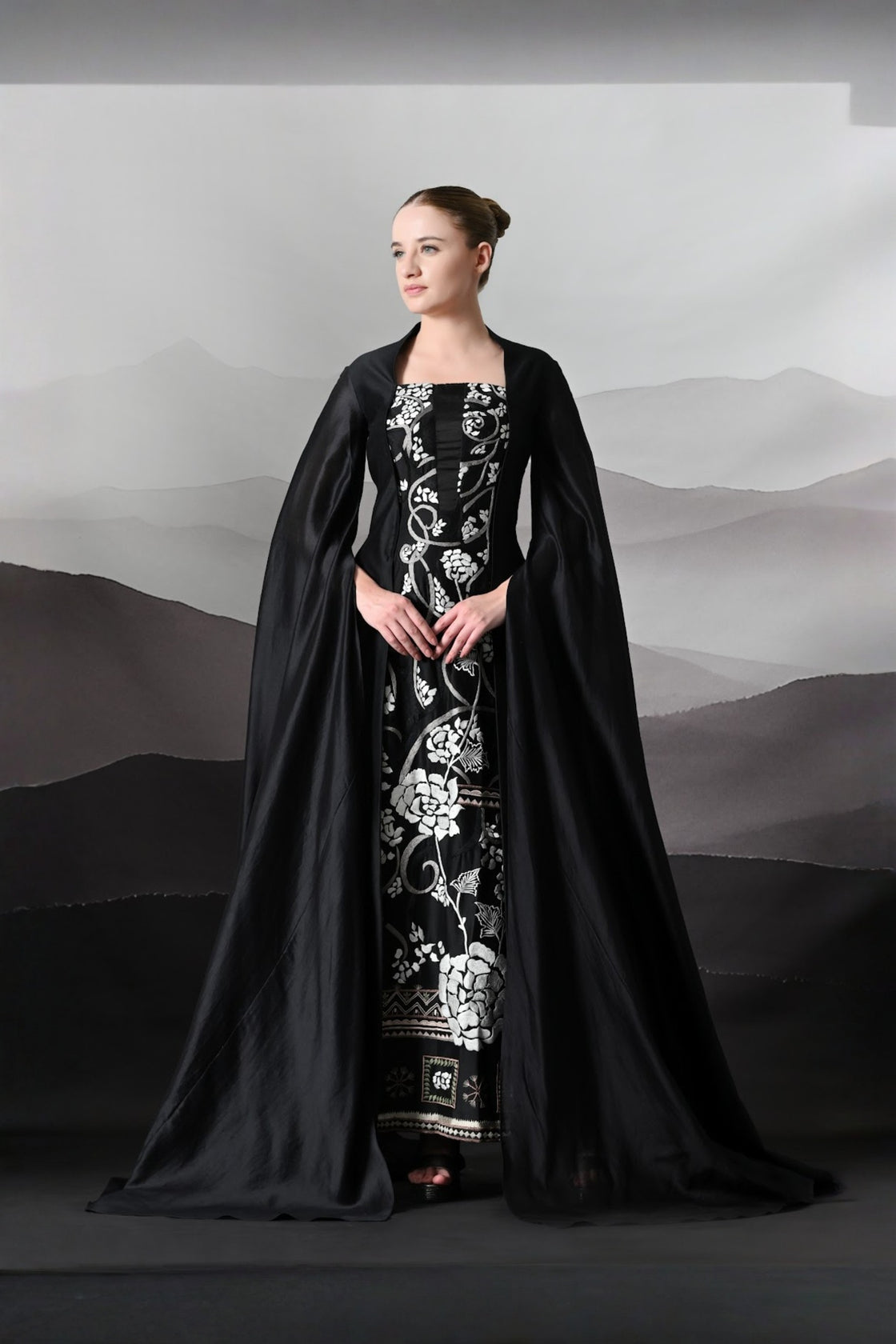 Black Gown With Winged Draped Panels And Handwork Embroidery