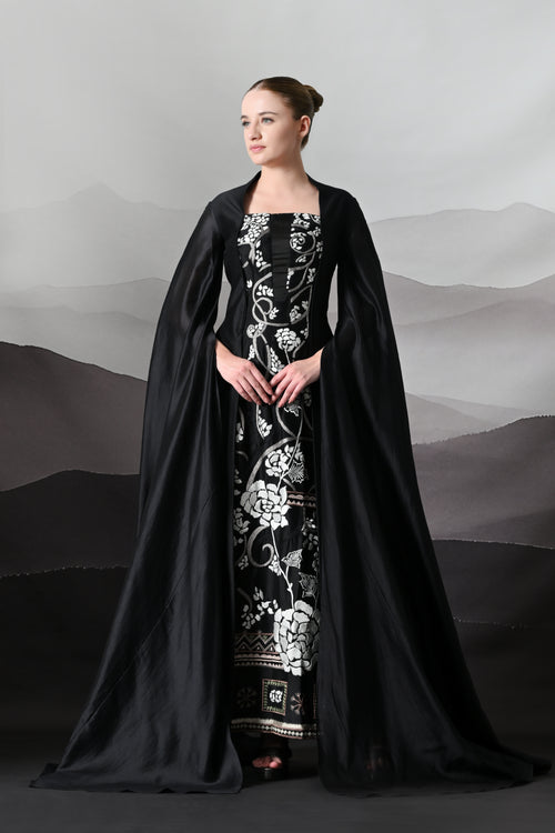 Black Gown with Winged Draped Panels and Handwork Embroidery