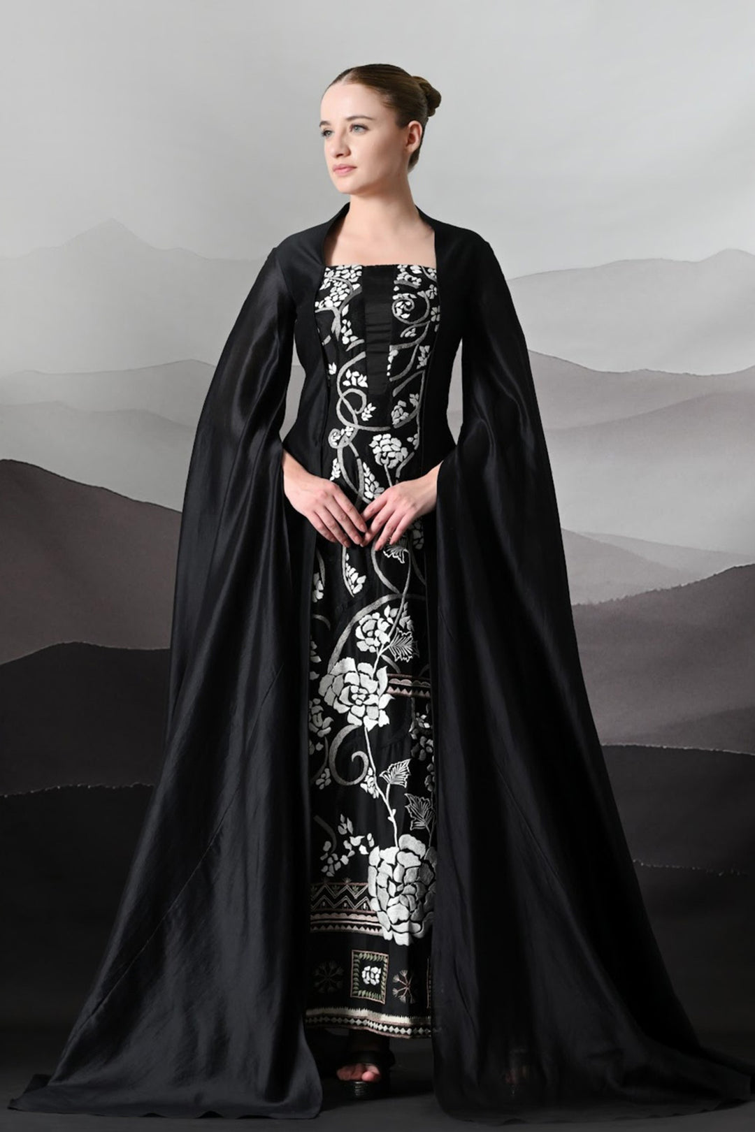 Black Gown With Winged Draped Panels And Handwork Embroidery