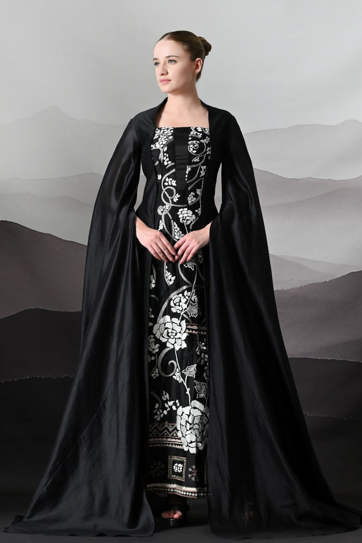 Black Gown With Winged Draped Panels And Handwork Embroidery