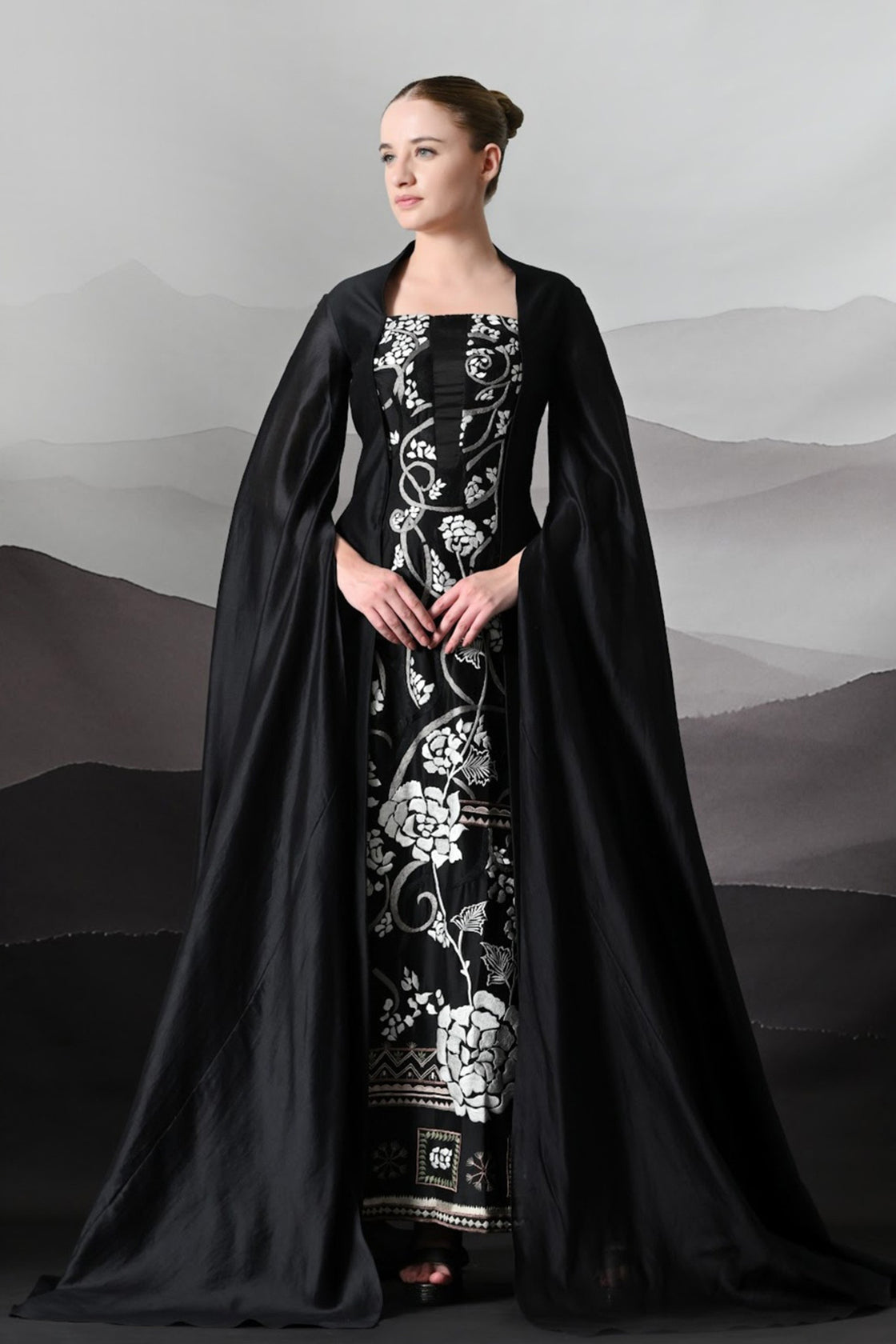 Black Gown With Winged Draped Panels And Handwork Embroidery
