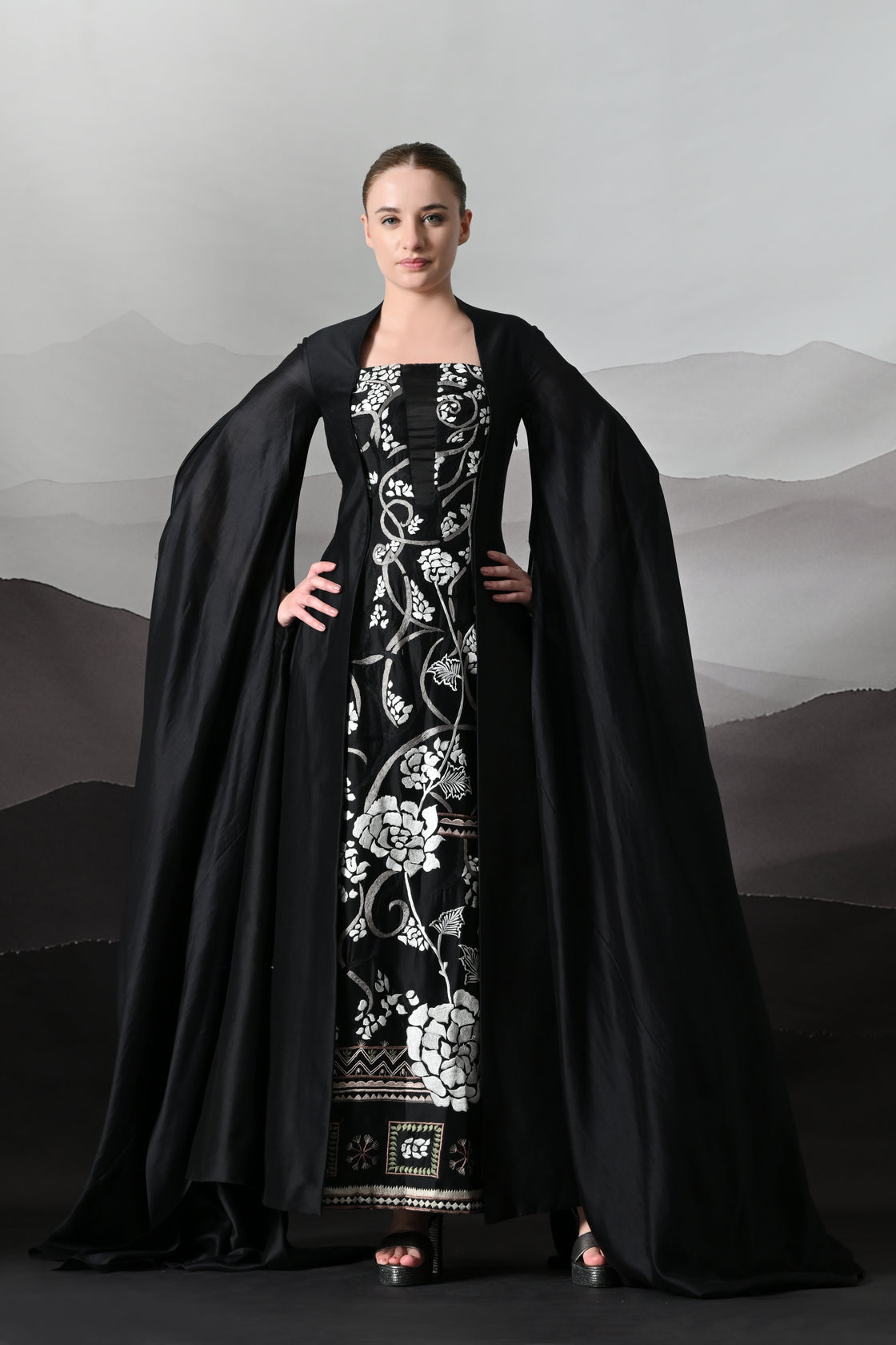 Black Gown with Winged Draped Panels and Handwork Embroidery