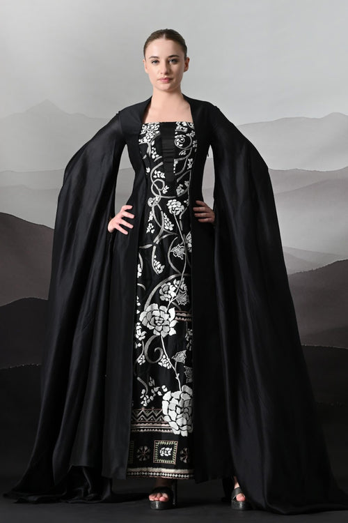 Black Gown With Winged Draped Panels And Handwork Embroidery