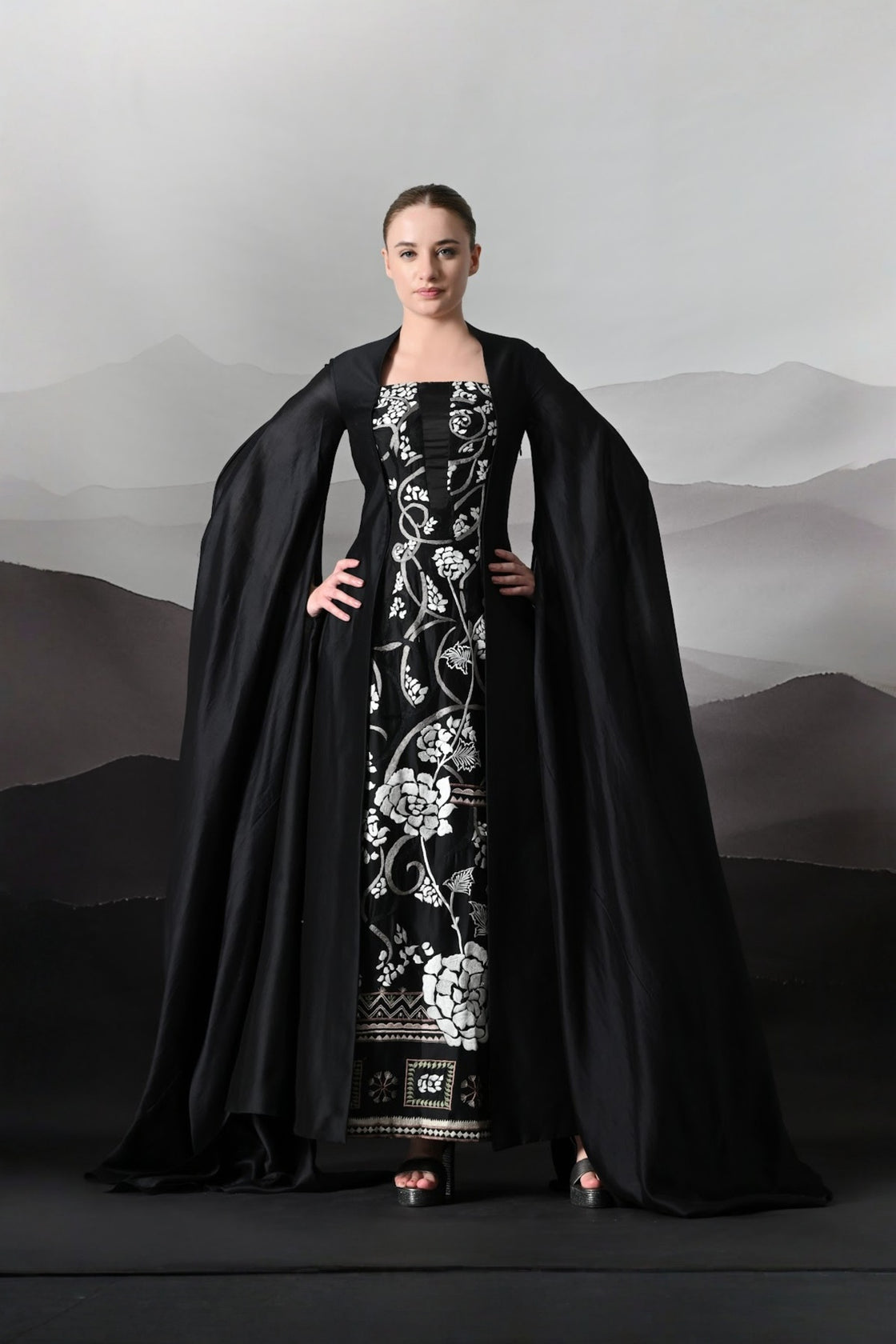 Black Gown With Winged Draped Panels And Handwork Embroidery